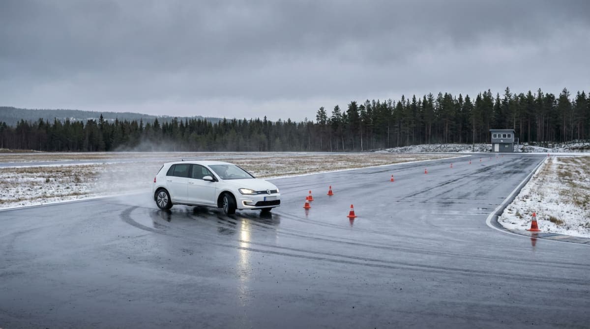 Glattkjøring på øvingsbane - bil på vått underlag med kjegler