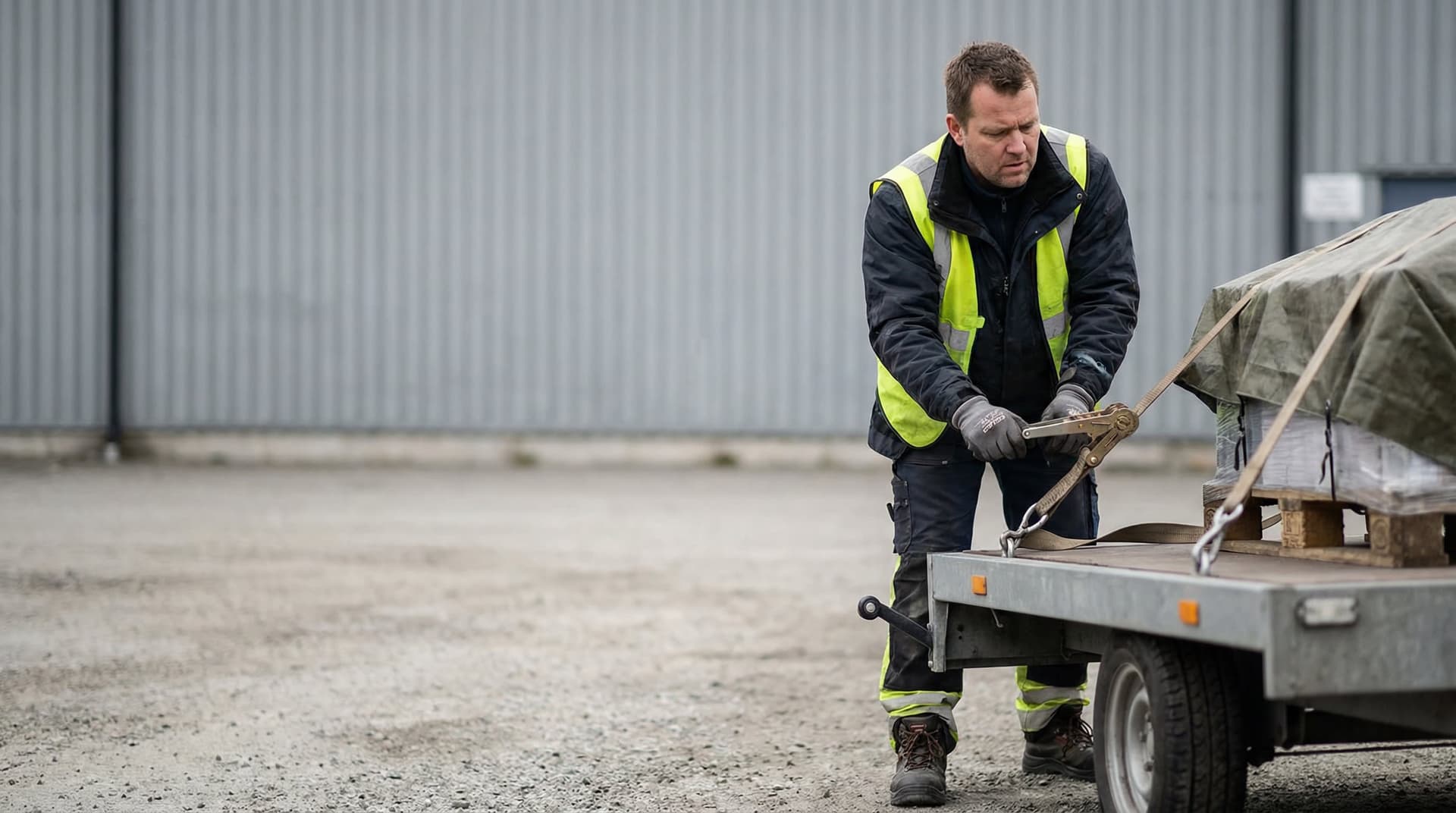 Man securing cargo on a trailer with a ratchet strap - practical load securing training